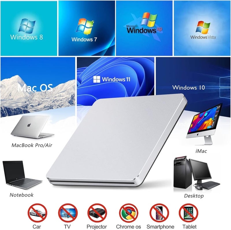 Guamar External CD Drive for Mac: USB 3.0 Superdrive for Apple MacBook - Slim & Portable Slot-in DVD Burner for Laptop PC Windows with USB-C Adapter - Plug & Play Aluminum (Silver) - Image 5